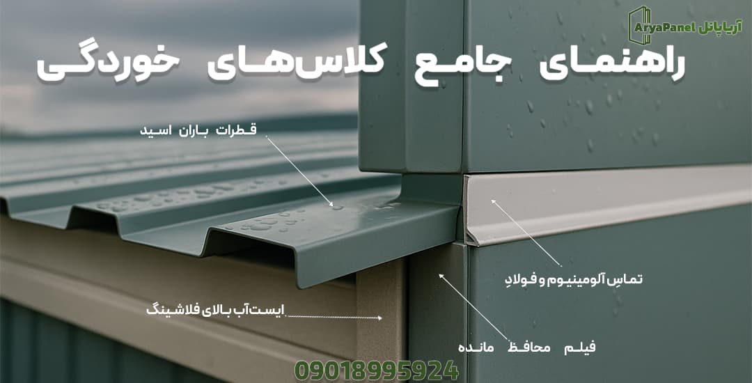 جزئیات فلاشینگ و آببندی سقف با اشاره به باران اسیدی و جلوگیری از تماس آلومینیوم و فولاد