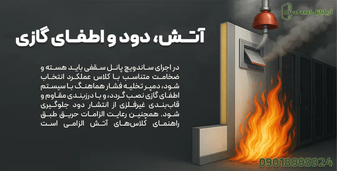 دیواره ساندویچ پانل با مقطع عایق در کنار شعله و سیستم اطفای گازی دیتاسنتر