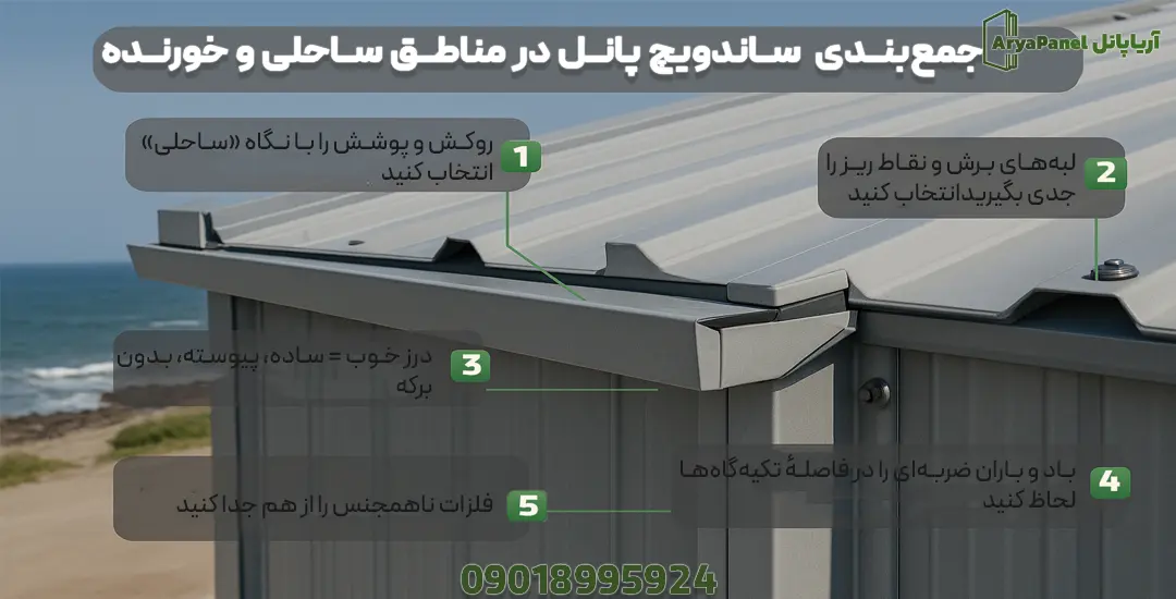 لبه سقف پانلی در کنار دریا با نکات شمارهگذاریشده
